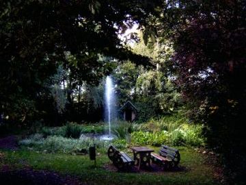 The picture shows a section of the village park in Liesenich. Surrounded by trees, you can see a small pond with a fountain, in front of which there is a bench with a table.