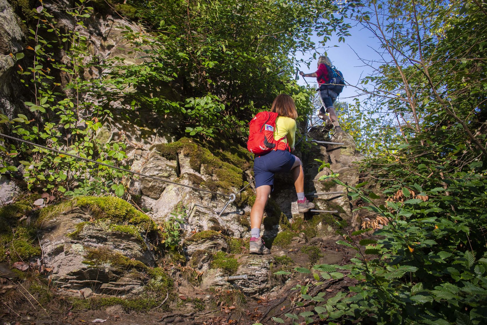 Layensteig Strimmiger Berg Auf dem Bild befinden sich zwei Frauen die die Traumschleife Layensteig Strimmiger Berg wandern.