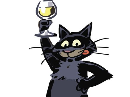 Zeller Schwarze Katz Auf dem Bild befindet sich moderne Comic Zeller Schwarze Katz. Sie hält ein volles Weinglas in die Höhe.