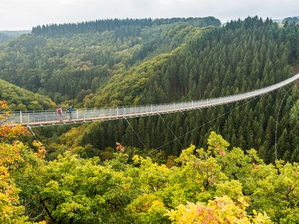 Hängeseilbrücke  Das Bild zeigt die Hängeseilbrücke Geierlay, über die gerade zwei Personen gehen. Drum herum befinden sich Bäume.