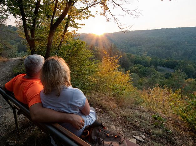 The picture shows a couple on a bench enjoying the sunset over the woods.