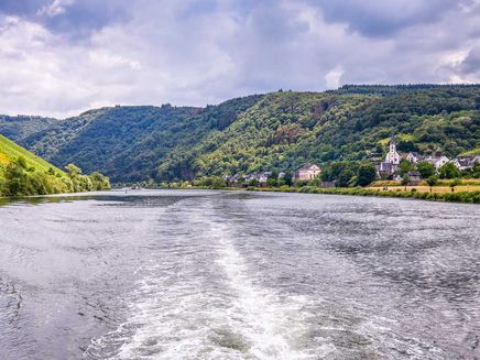 Schifffahrt Das Bild zeigt den Ausblick von einem Schiff auf Mosel bei dem Ort Briedel, welches sich links im Bild befindet. Im Hintergrund erkennt man Wälder.