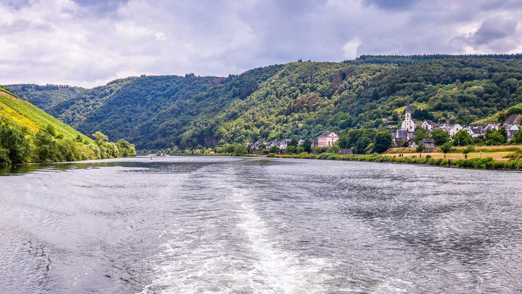 Shipping The picture shows the view from a ship on the Mosel near the village of Briedel, which is on the left of the picture. In the background you can see forests.