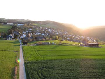 Auf dem Bild befindet sich im Vordergrund Wiese und im Hintergrund der Ort Altlay.