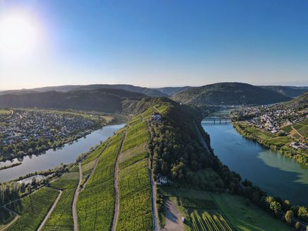 Moselschleifen Das Bild wurde aus der Vogelperspektive aufgenommen. Auf dem Bild befinden sich die Moselschleifen bei Bullay und Pünderich.