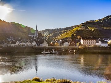 Das Bild zeigt den kleinen Ort Bridel aus Sicht der gegenüberliegenden Seite. Im Vordergrund ist die Mosel.