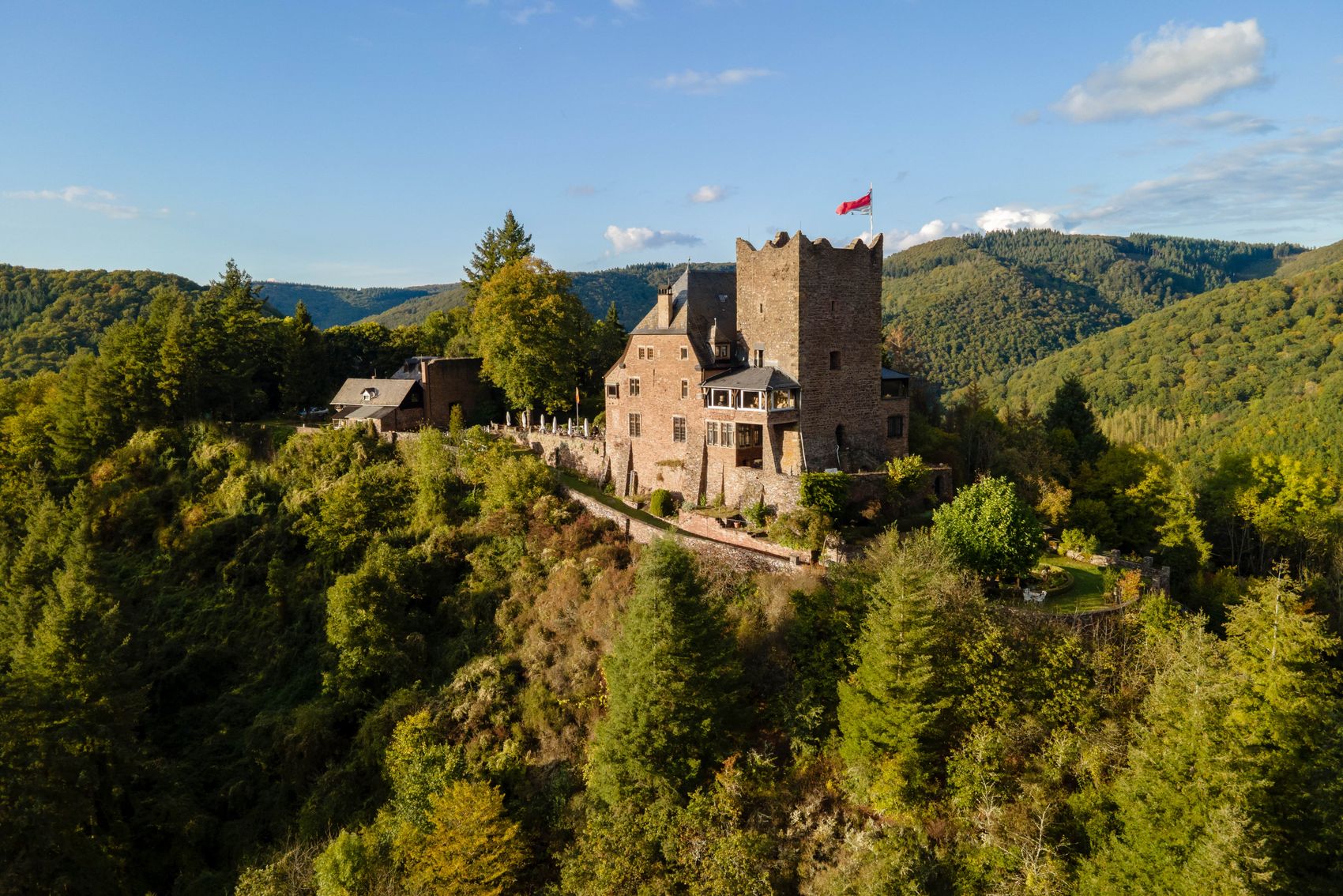 Burg Arras Auf dem Bild sieht man die Burg Arras in Alf von oben bei schönem Wetter.