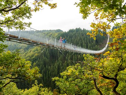 Hängeseilbrücke Geierlay Auf dem Bild befindet sich die Hängeseilbrücke Geierlay in Sosberg. Auf der Brücke geht ein Mann und eine Frau.