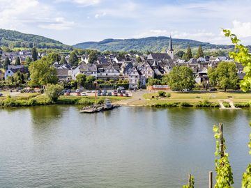 Das Bild zeigt eine Frontalansicht von dem Moselort Pünderich mit seinen Fachwerkhäsuern. Das Bild wurde in den Weinbergen der gegenüberliegenden Moselseite aufgenommen.