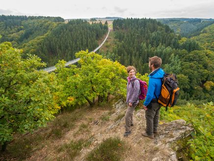 Hängeseilbrücke Geierlay Auf dem Bild befindet sich die Hängeseilbrücke Geierlay. Ein Herr und eine Frau schauen sich die Brücke von einem anderen Standpunkt aus an.