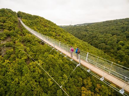 Hängeseilbrücke Geierlay Auf dem Bild befindet sich die Hängeseilbrücke Geierlay in Sosberg. Auf der Brücke gehen zwei Menschen.
