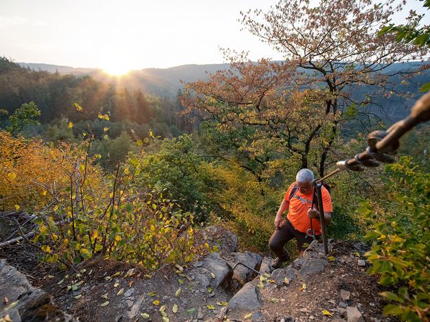 Das Bild zeigt einen Mann, der gerade die letzten Stufen der Klettersteigpassage hinaufklettert. Im Hintergrund sieht man den Sonnenuntergang über den Wäldern.