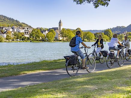 Fahrrad Das Bild zeigt vier Personen auf ihren Fahrrädern, die sich auf einem Moselradweg entgegenkommen. Im Hintergrund ist der Moselort Bullay zu erkennen.