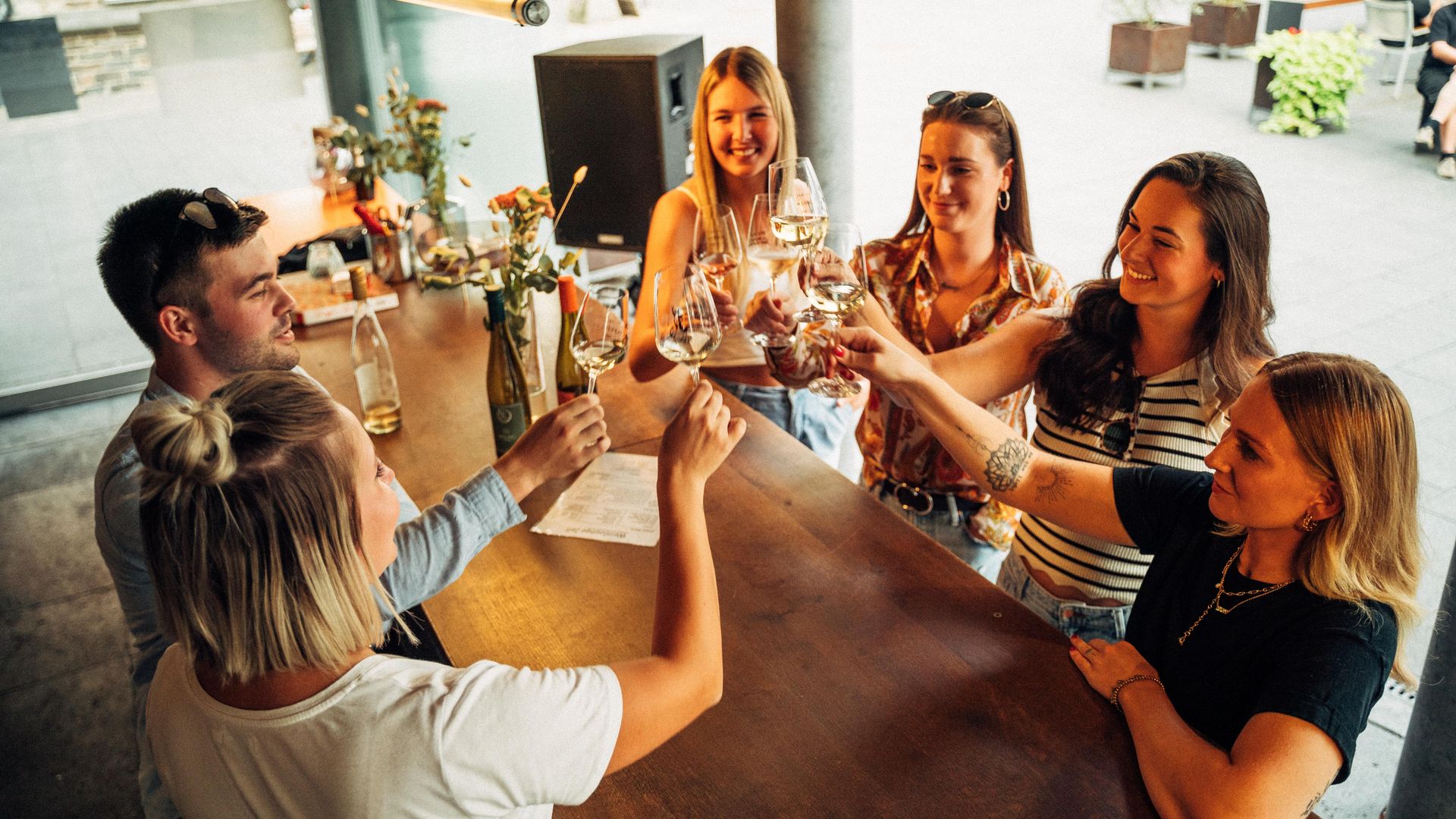 Wein probieren Auf dem Bild befindet sich eine Gruppe junger Leute, die in der Weinlounge von Zell (Mosel) zusammen mit einem Glas Wein anstoßen.