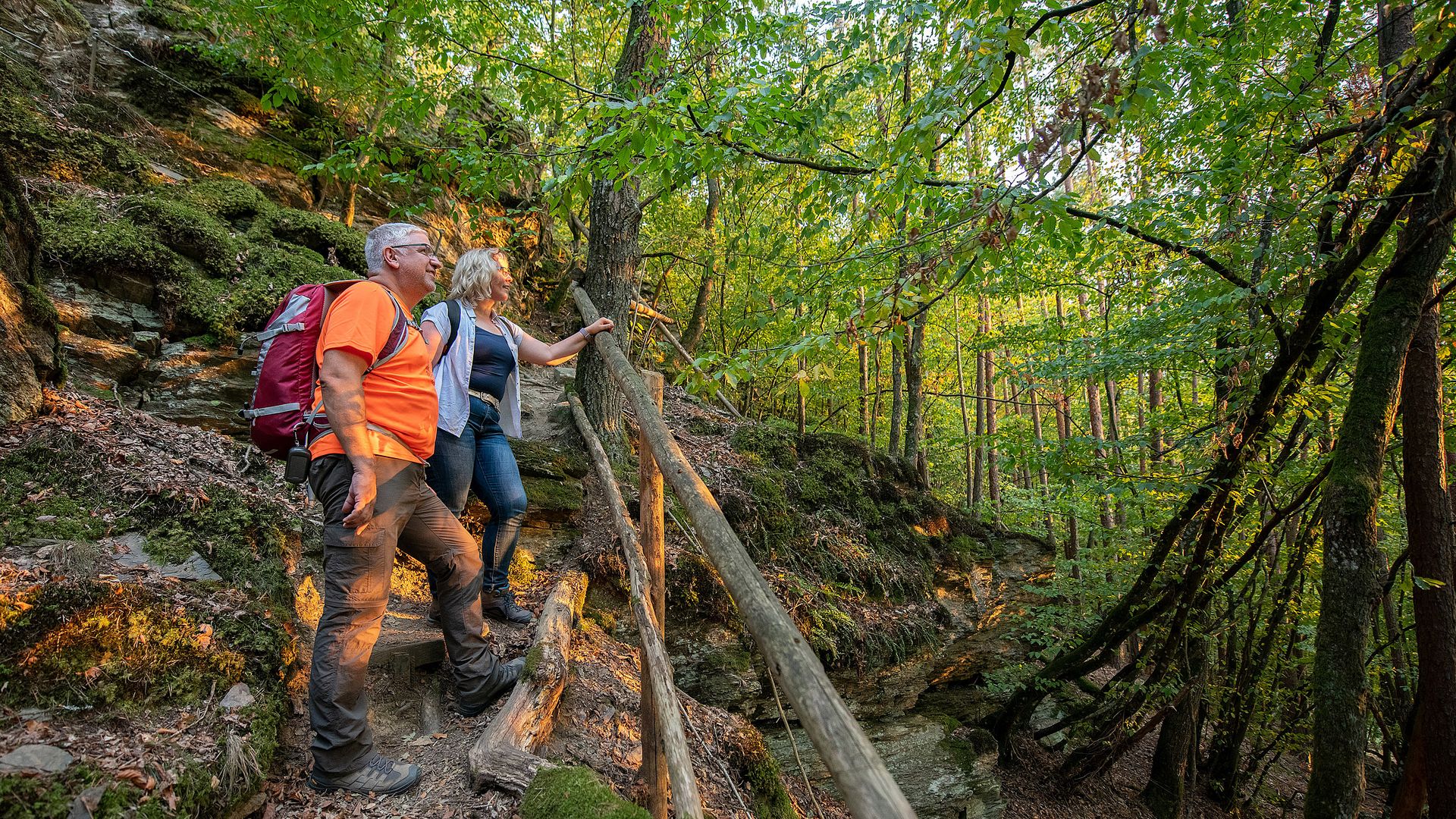 Traumschleife Layensteig Strimmiger Berg Das Bild zeigt ein paar auf dem Pfad bergauf durch einen Laubwald.