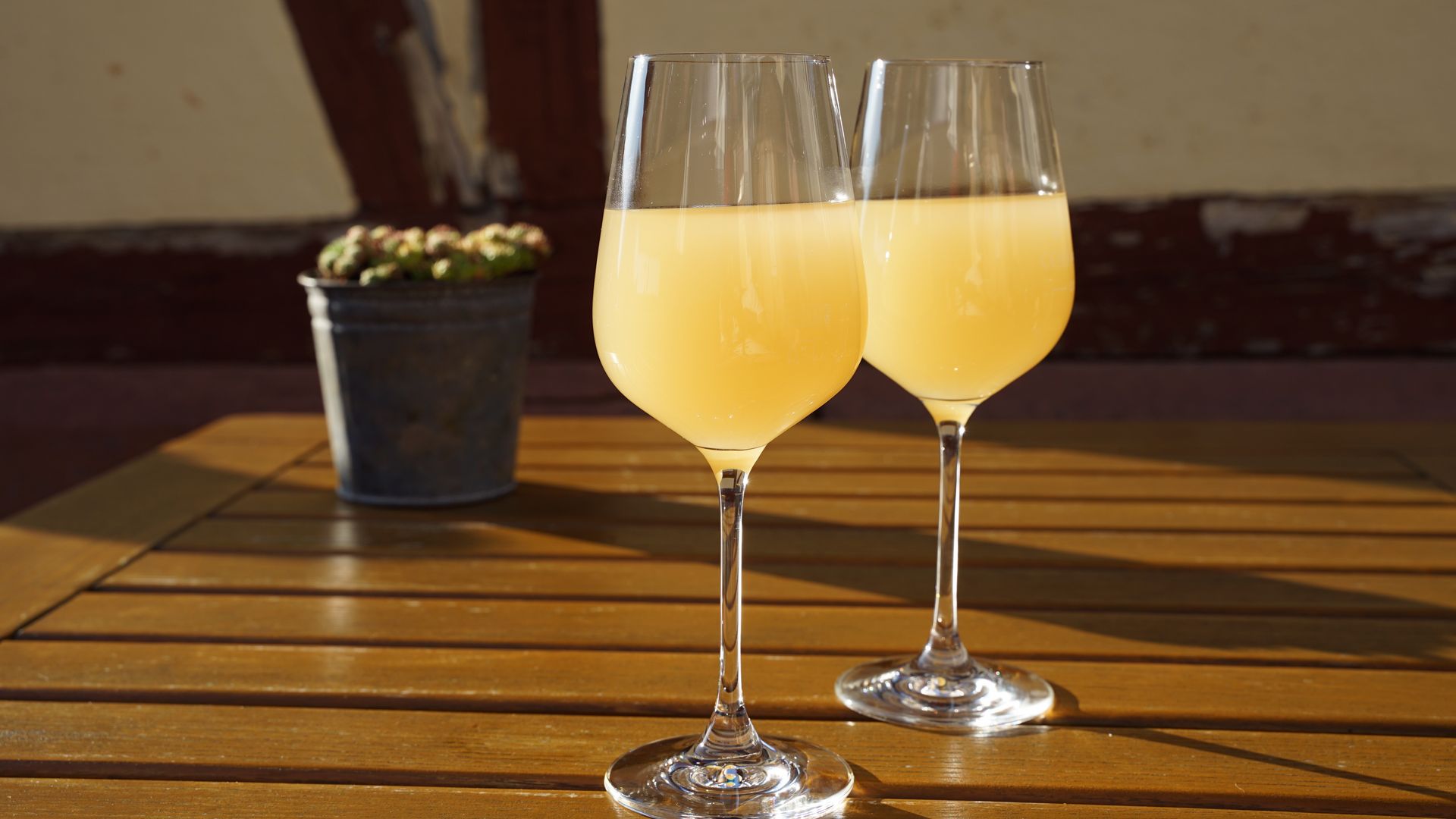 Federweißer ist ein Genuss, Auf dem Bild befinden sich zwei Gläser Federweißer auf einem Tisch stehend.
